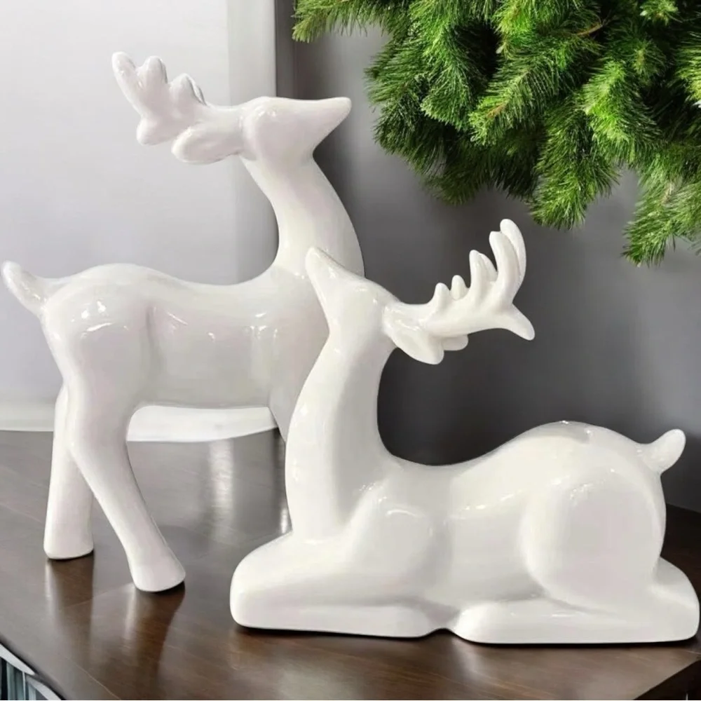 NEW West Elm Modern White Ceramic Deer Holiday Christmas Figurines Set of 2